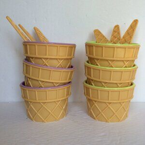 Ice Cream Cone Bowls With Spoons Set of 12 Plastic Orange Green Purple Dessert